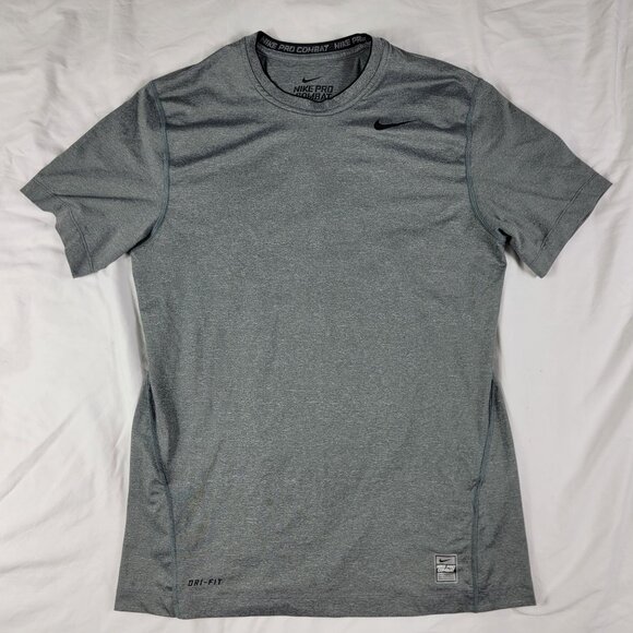 Nike Pro Combat Dri Fit Mens Medium Fitted T Shirt Gray Short Sleeve Athletic - Picture 1 of 11